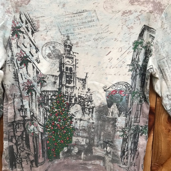 Y2k European Antique Newsprint Postcard Holiday Print Collage Tee Size Large - Picture 3 of 5